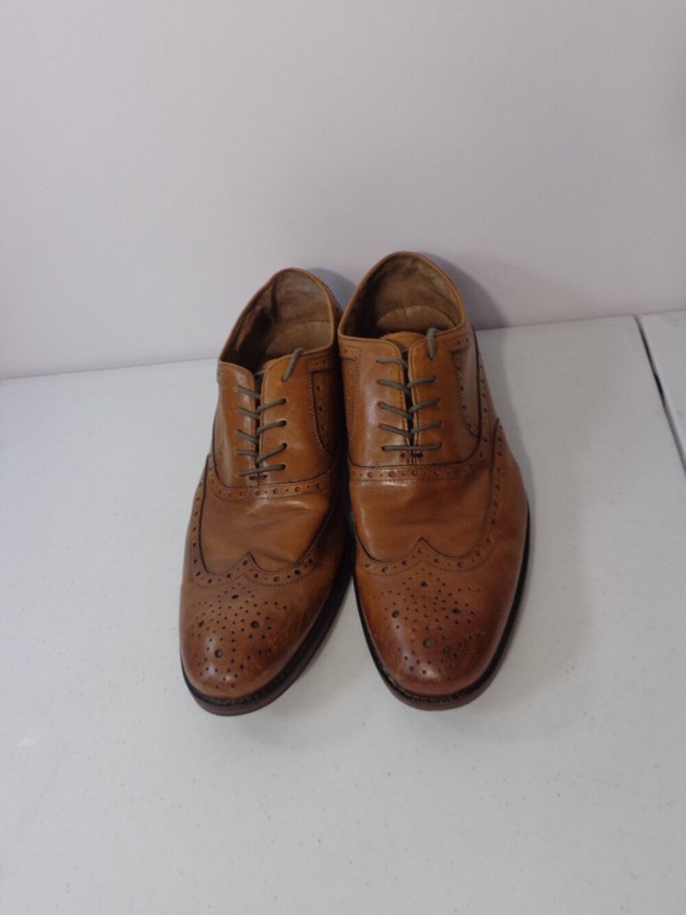 Johnston Murphy Mens Brown Leather Wingtip Oxford Perforate Leather Shoe Sz 9.5M